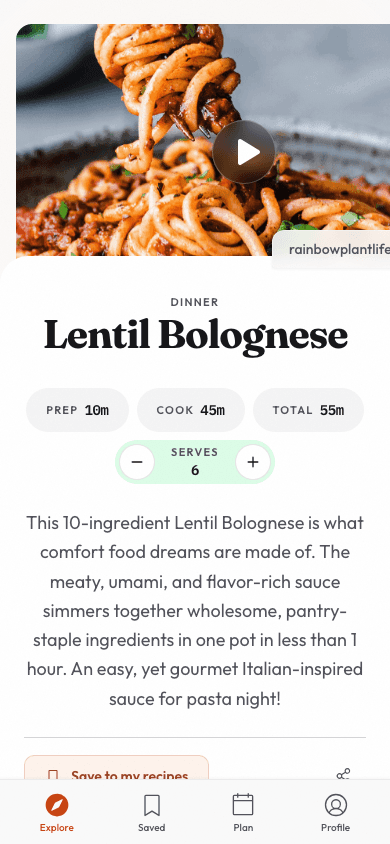 Recipe detail view showing Lentil Bolognese with step-by-step instructions and cooking timers